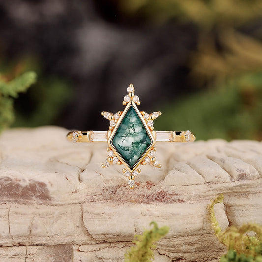Nature Kite Cut Moss Agate Engagement Ring Set