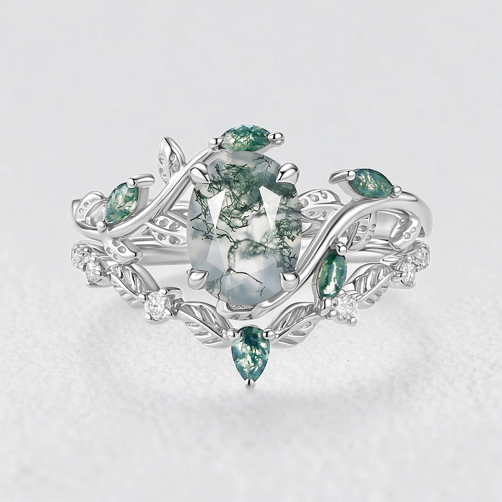 Daphne’s Vine | Oval Moss Agate Engagement Ring Set 2pcs