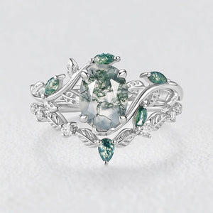 Daphne’s Vine | Oval Moss Agate Engagement Ring Set 2pcs