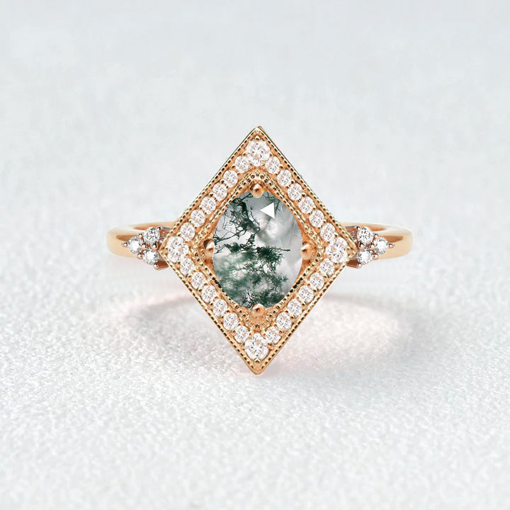 Unique Oval Cut Moss Agate Geometric Vintage Engagement Ring