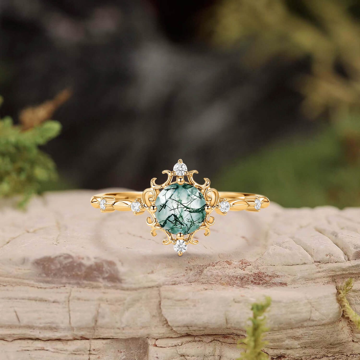 Vintage Round Cut Moss Agate Cluster Engagement Ring
