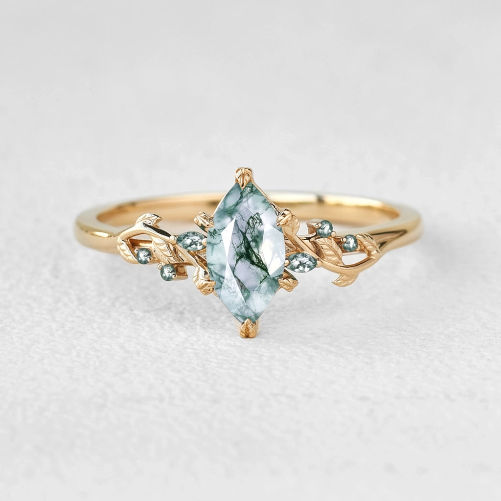 Nature Inspired Marquise Moss Agate Leafy Twist Engagement Ring
