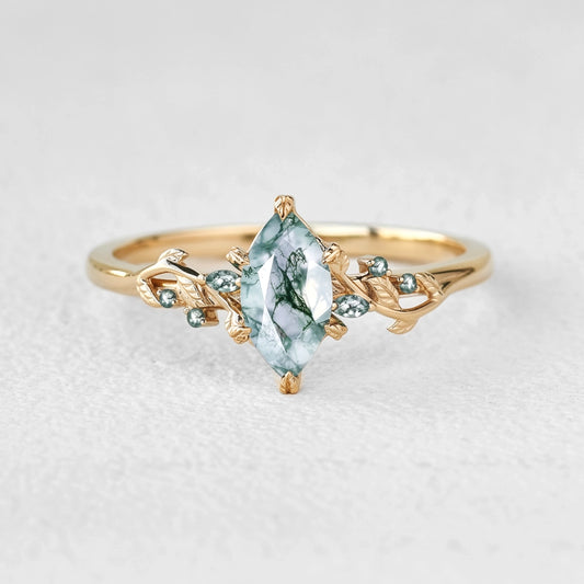 Nature Inspired Marquise Moss Agate Leafy Twist Engagement Ring
