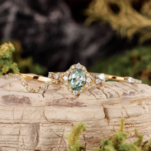 Unique Oval Cut Moss Agate Cluster Engagement Ring Set 3pcs