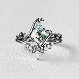 Black Gold Kite Cut Moss Agate Leafy Engagement Ring Sets 2pcs - Ivy