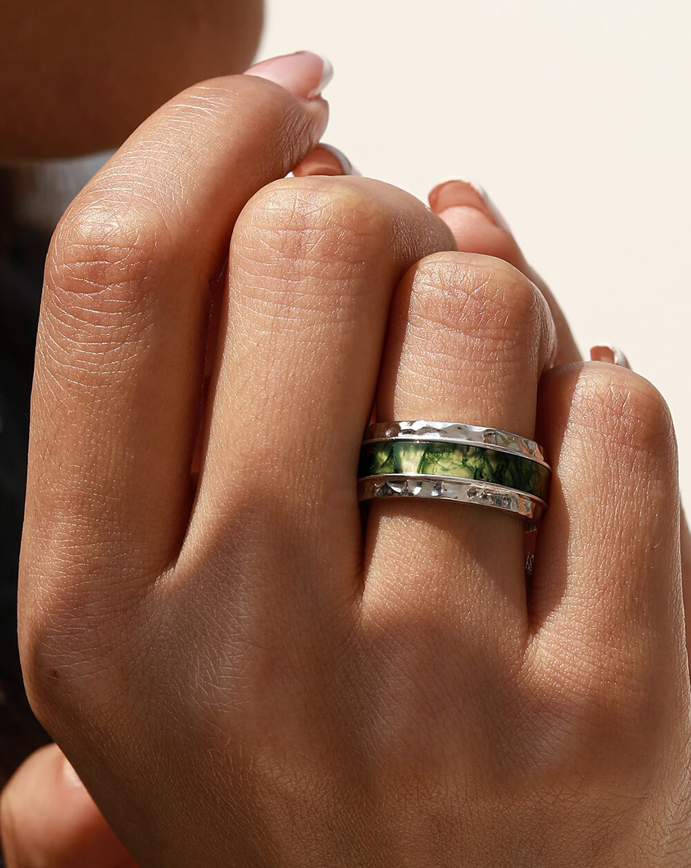 Bold Hammered Sterling Silver Moss Agate Statement Band Ring