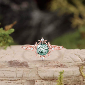 Vintage Round Cut Moss Agate Cluster Engagement Ring