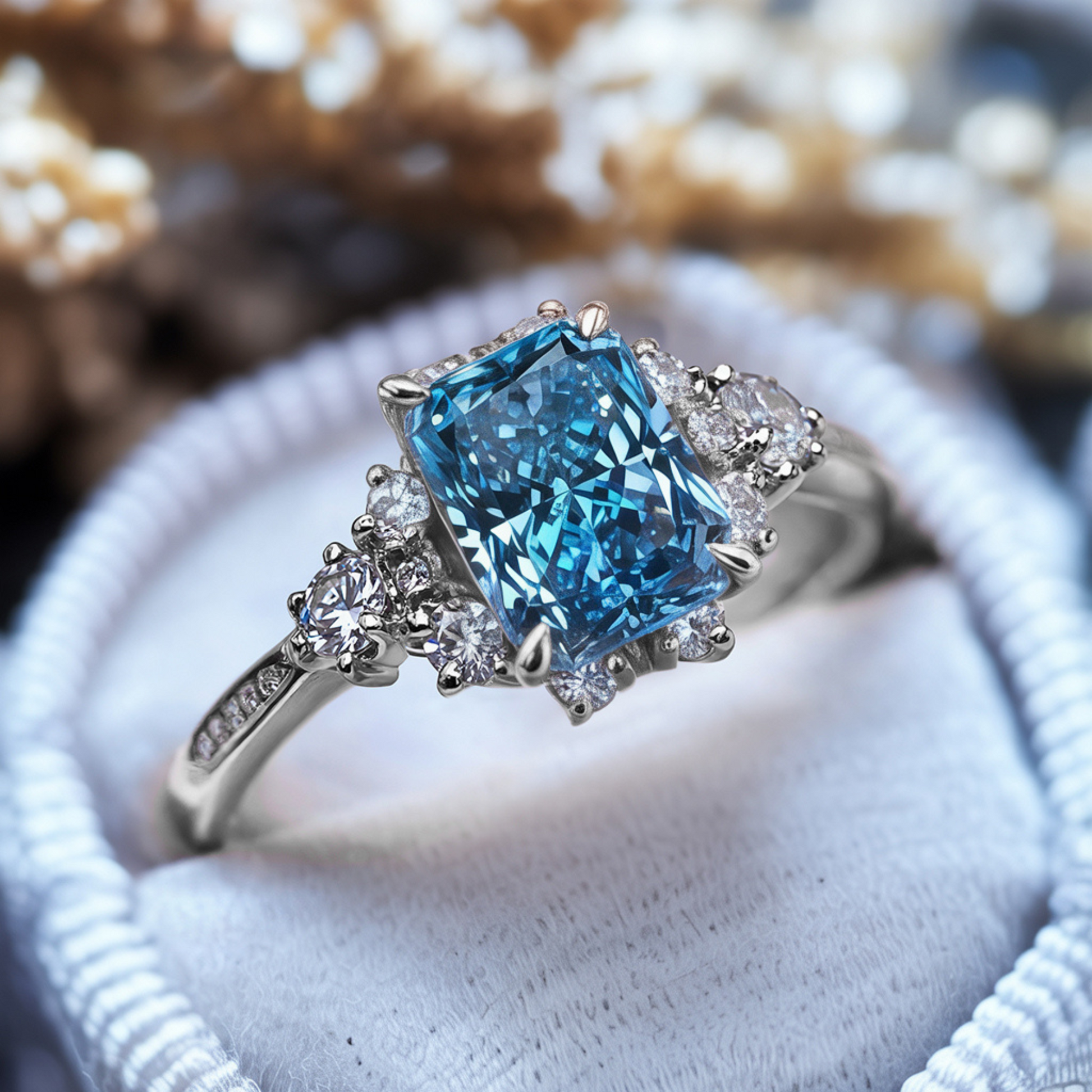 Bethany 3CT Radiant Cut Blue Gemstone Halo Ring