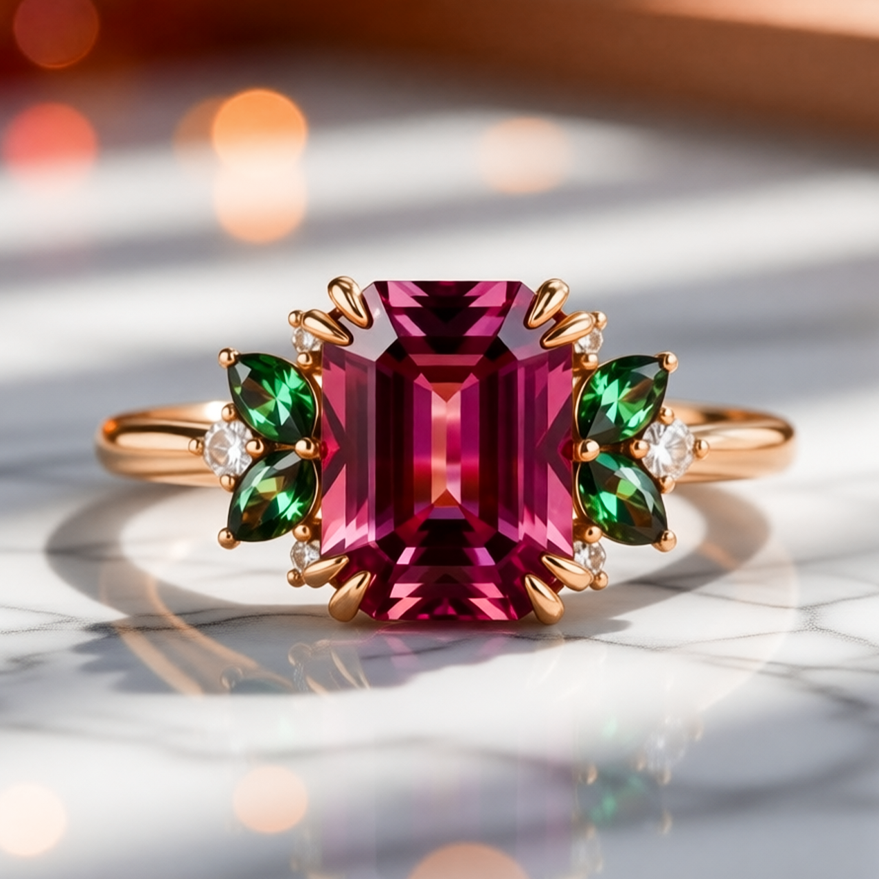 The Solandra Ember | 3CT Emerald Cut Ruby Halo Ring