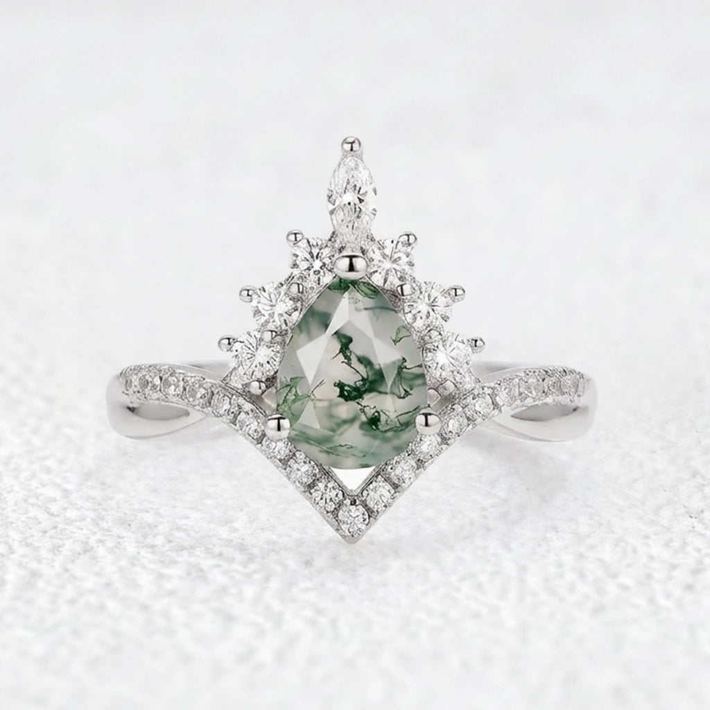 Pear Stack Moss Agate Leaf Engagement Ring
