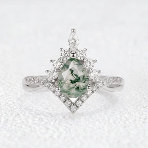 Pear Stack Moss Agate Leaf Engagement Ring