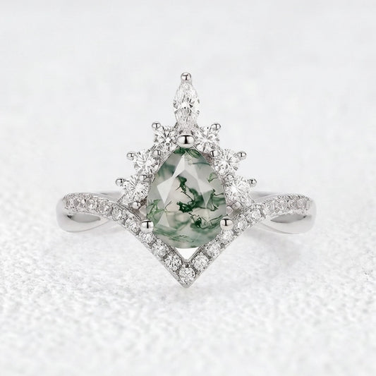 Pear Stack Moss Agate Leaf Engagement Ring