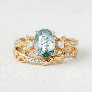 Flora Oval Cut Moss Agate Leafy Flower Engagement Ring Set 2pcs