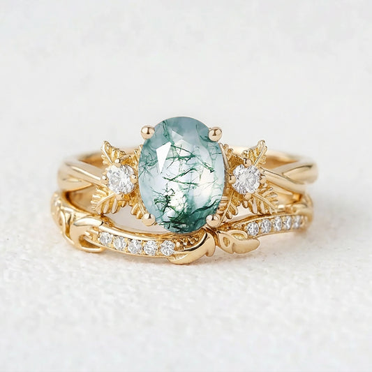 Flora Oval Cut Moss Agate Leafy Flower Engagement Ring Set 2pcs