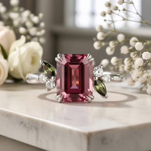 Virelia Vintage 3CT Emerald-Cut Entwined Branch Pink Gemstone Ring