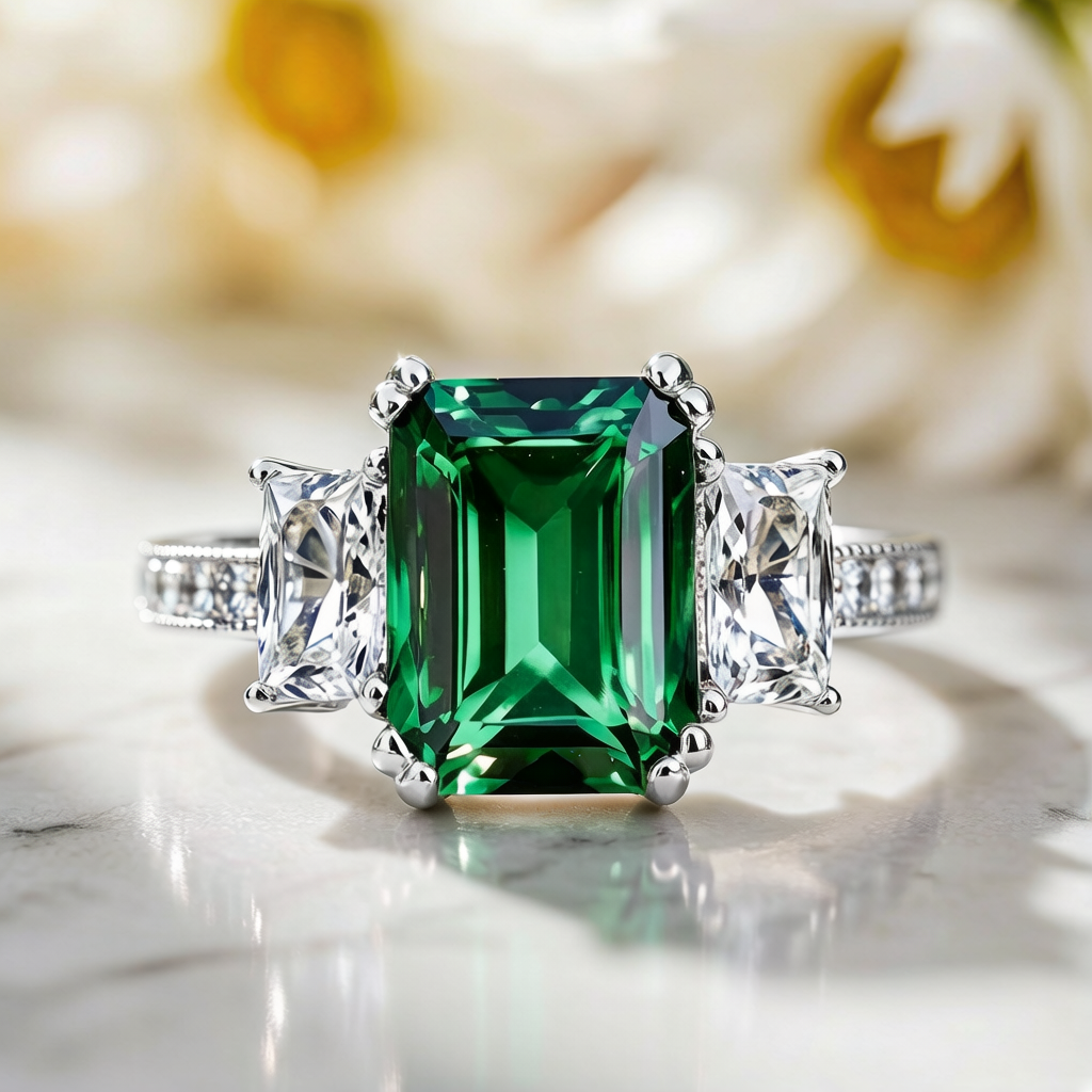 Cleo's Regal | 3CT Baguette Emerald Solitaire Statement Ring