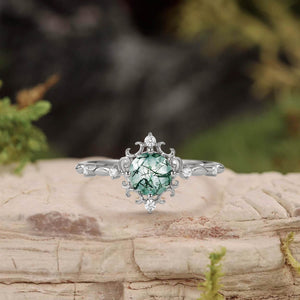 Vintage Round Cut Moss Agate Cluster Engagement Ring