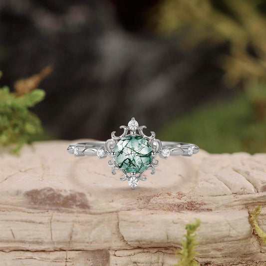 Vintage Round Cut Moss Agate Cluster Engagement Ring