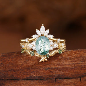 Nature Inspired Oval Cut Moss Agate Cluster Leafy Bridal Set