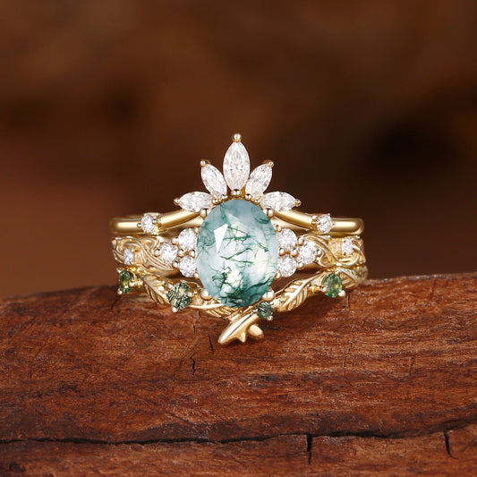 Nature Inspired Oval Cut Moss Agate Cluster Leafy Bridal Set