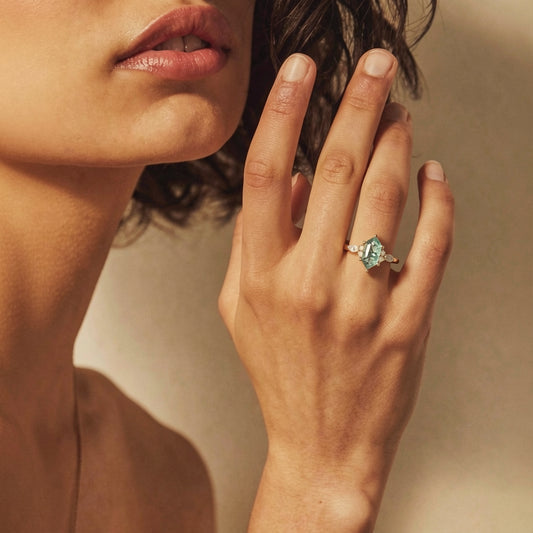 Aria‘s Tessera | Geometric Hexagon Moss Agate Marquise Engagement Ring