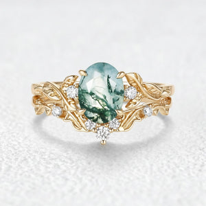 Eden Oval Cut Moss Agate Leaf Branch Engagement Ring Set 2pcs