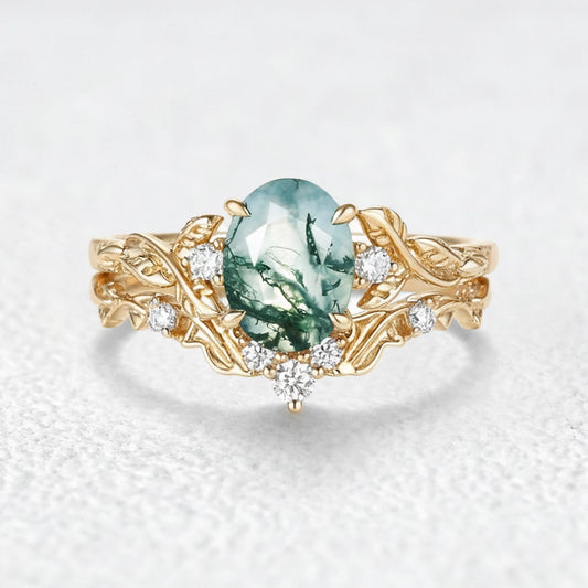 Eden Oval Cut Moss Agate Leaf Branch Engagement Ring Set 2pcs