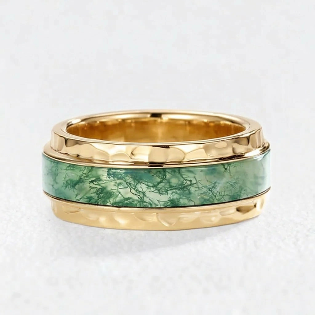Bold Hammered Sterling Silver Moss Agate Statement Band Ring