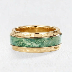 Bold Hammered Sterling Silver Moss Agate Statement Band Ring