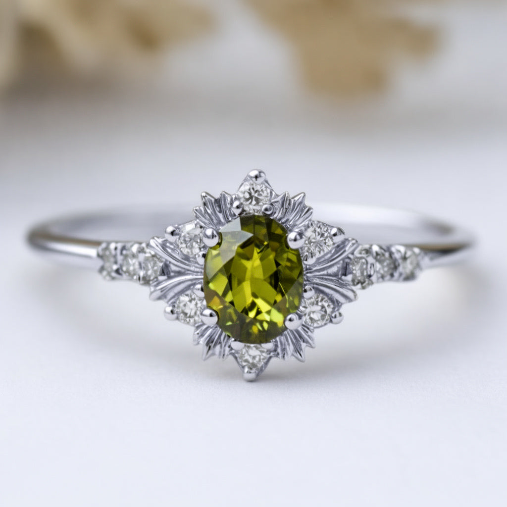 Rosalind’s Amber | 1CT Oval Cut Olive Yellow Halo Engagement Ring