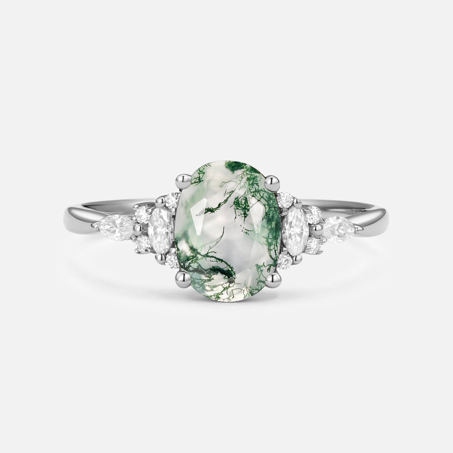 Oval Cut Moss Agate Classic Engagement Ring