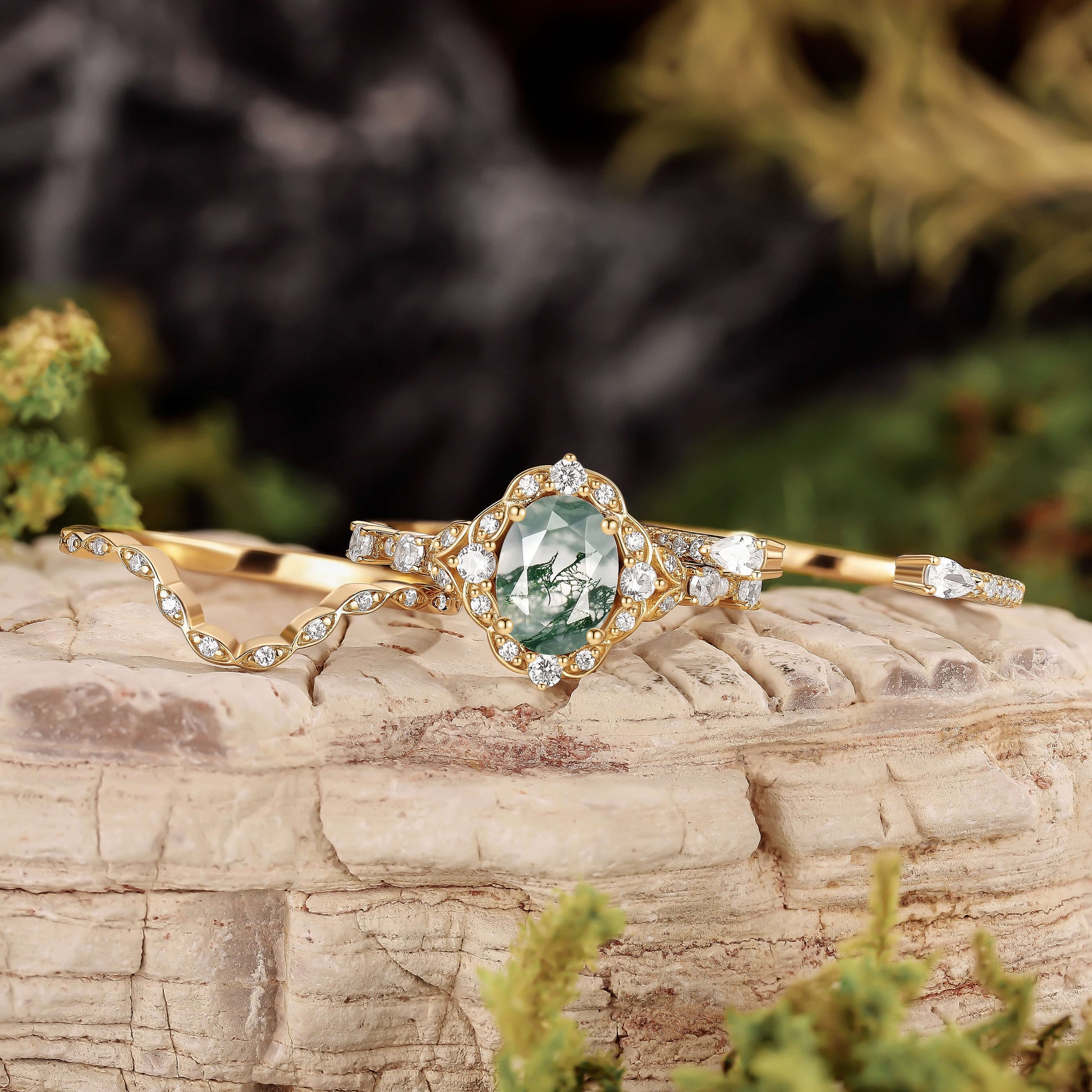 Unique Oval Cut Moss Agate Cluster Engagement Ring Set 3pcs