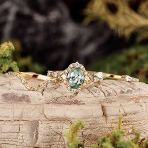 Unique Oval Cut Moss Agate Cluster Engagement Ring Set 3pcs