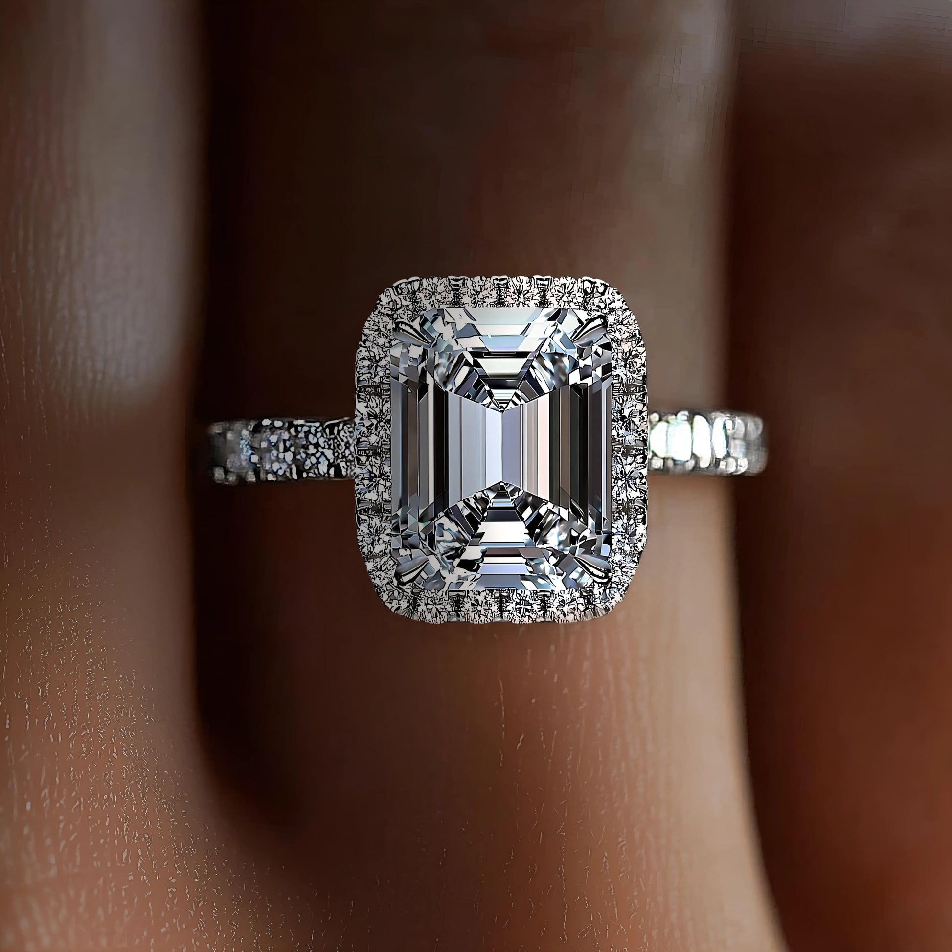 The Rosalind Claire 2CT Emerald Cut Halo Moissanite Ring
