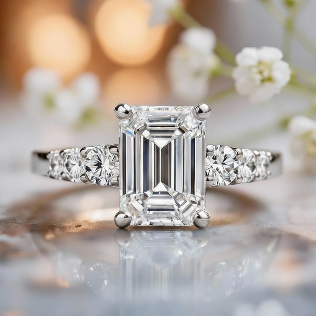 Elara’s Prism | 3CT Emerald Cut Moissanite Ring