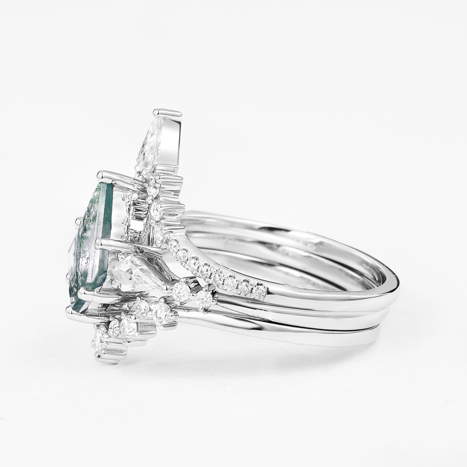 Twin Flames - Kite Cut Moss Agate Engagement Ring Set 3pcs - Tyler