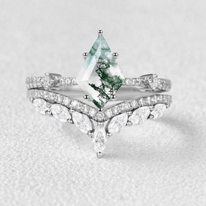 1.5ct Kite Cut Moss Agate Vintage Ring Set 2pcs