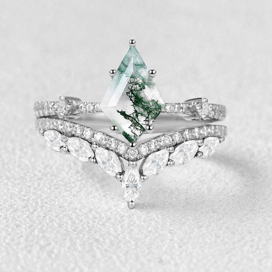 1.5ct Kite Cut Moss Agate Vintage Ring Set 2pcs