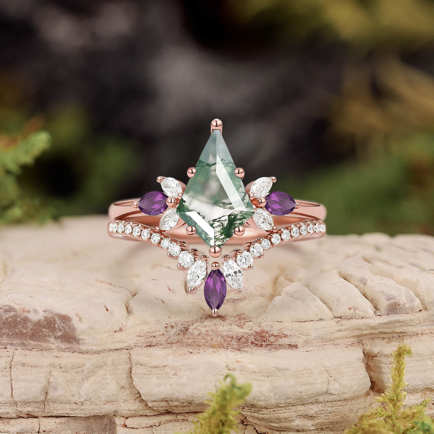Butterfly Fairy - Unique Kite Cut Moss Agate & Amethyst Engagement Ring Set 2pcs
