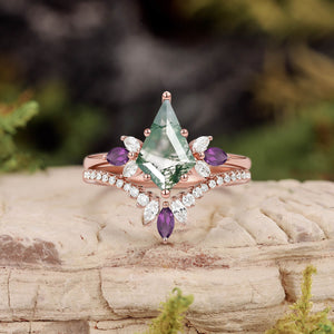 Butterfly Fairy - Unique Kite Cut Moss Agate & Amethyst Engagement Ring Set 2pcs