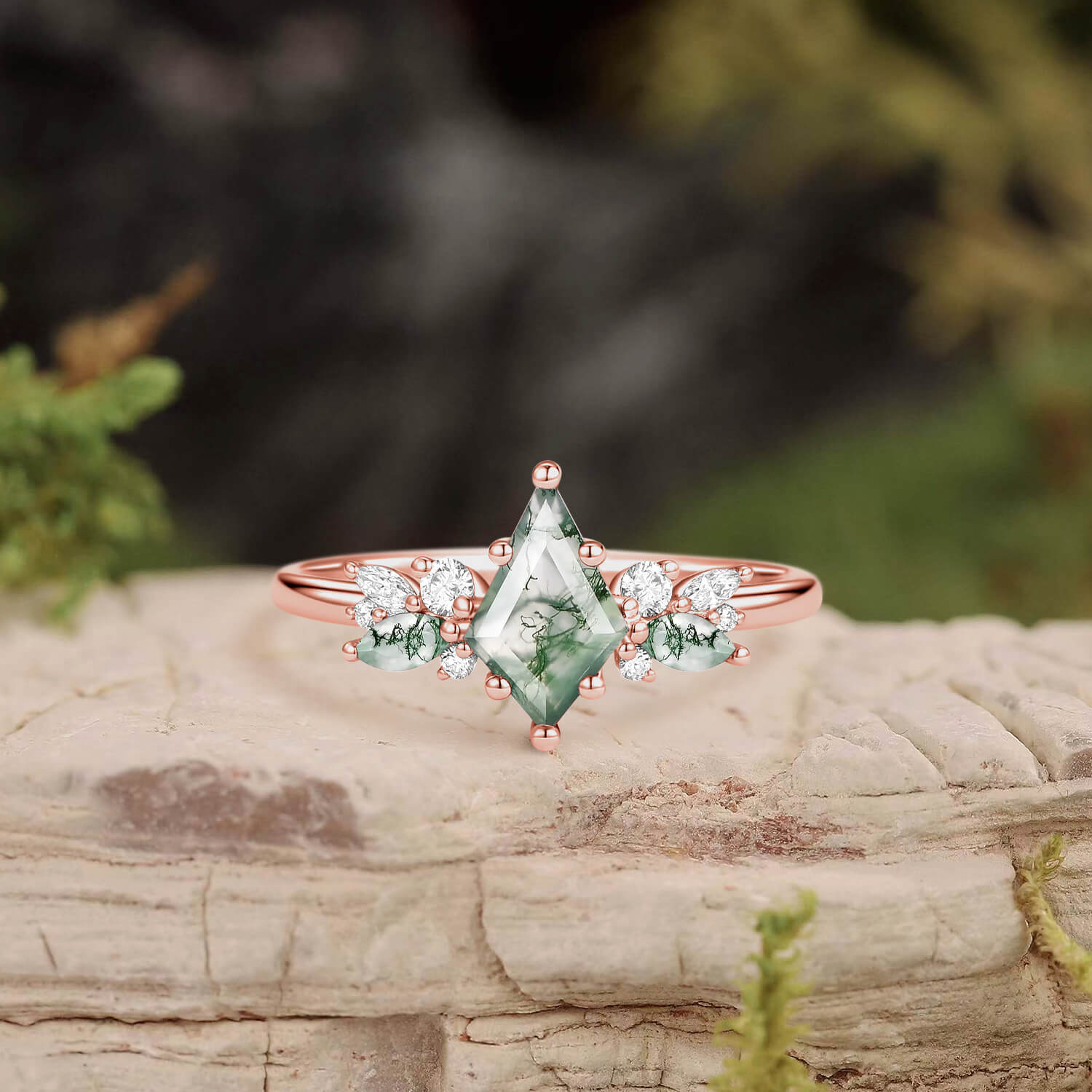 Nature Inspired Kite Cut Moss Agate Engagement Ring