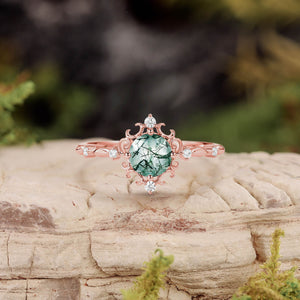 Vintage Round Cut Moss Agate Cluster Engagement Ring