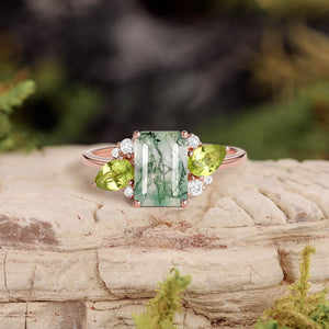 Nature Inspired Emerald Cut Moss Agate Double Pear Peridot Engagement Ring
