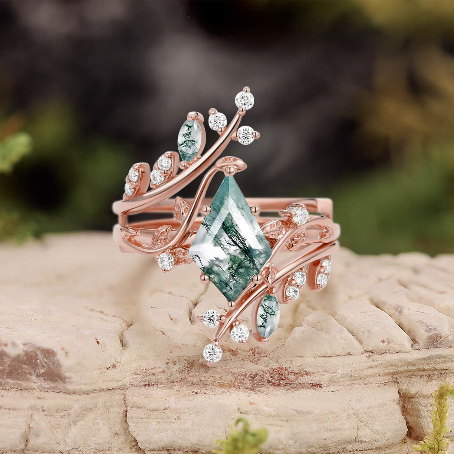 Knight Nature Inspired Kite Cut Moss Agate Cage Leafy Ring 2pcs