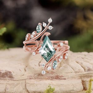 Knight Nature Inspired Kite Cut Moss Agate Cage Leafy Ring 2pcs