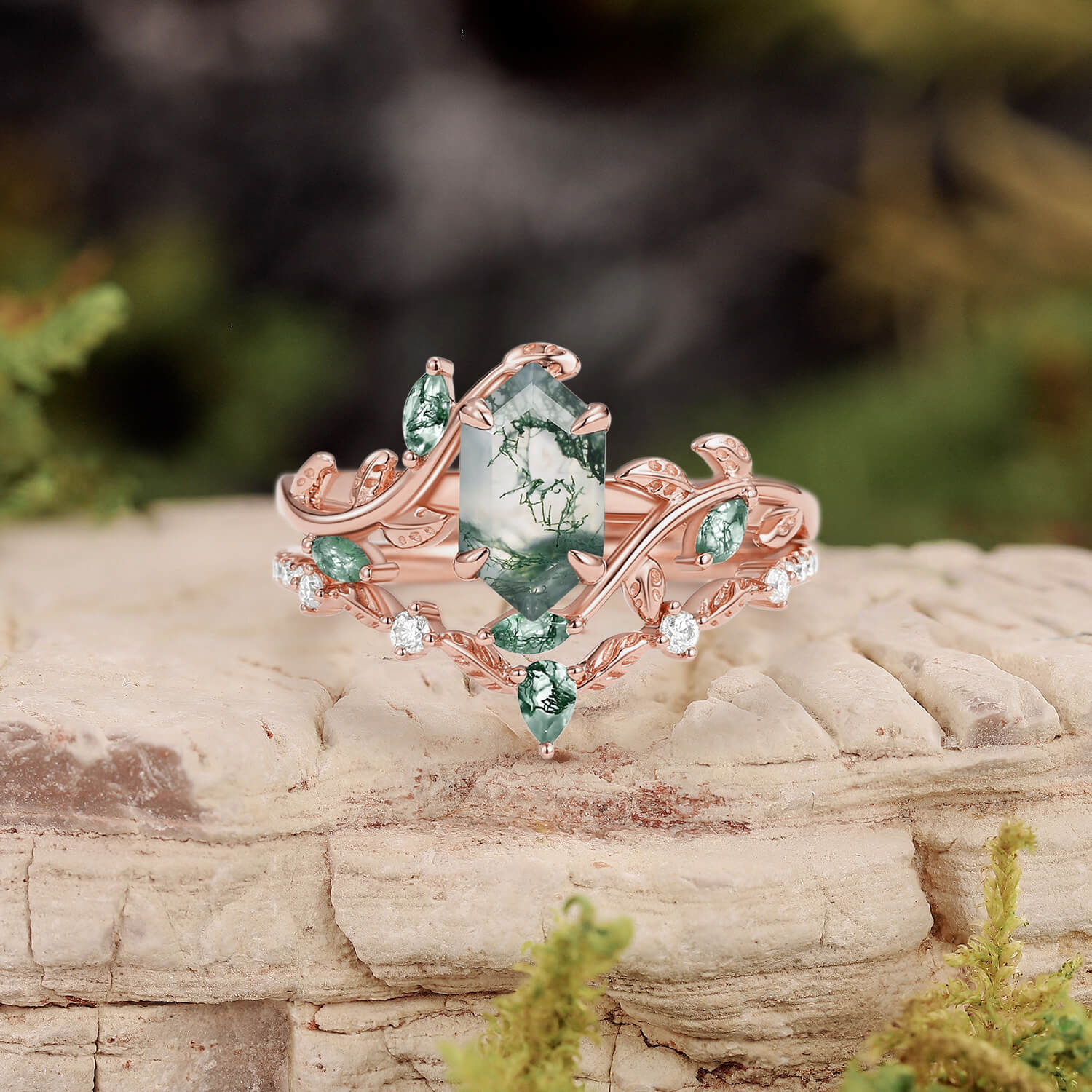 Daphne Moss Agate Hexagon Vine Engagement Ring Set 2pcs