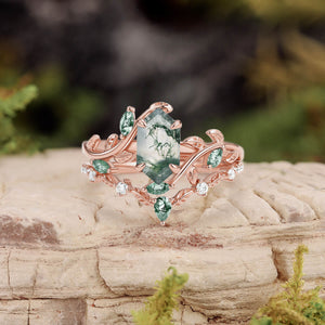 Daphne Moss Agate Hexagon Vine Engagement Ring Set 2pcs