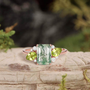 Nature Inspired Emerald Cut Moss Agate Double Pear Peridot Engagement Ring