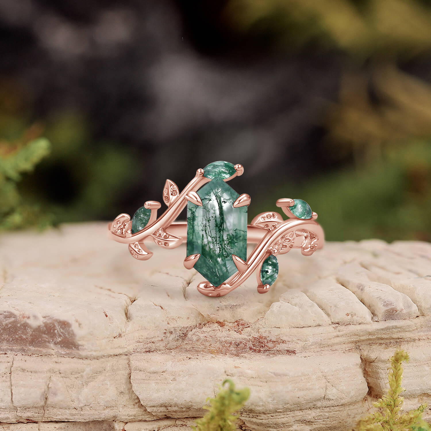 Vintage Hexagon Cut Moss Agate Leafy Engagement Ring