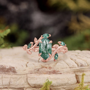 Vintage Hexagon Cut Moss Agate Leafy Engagement Ring